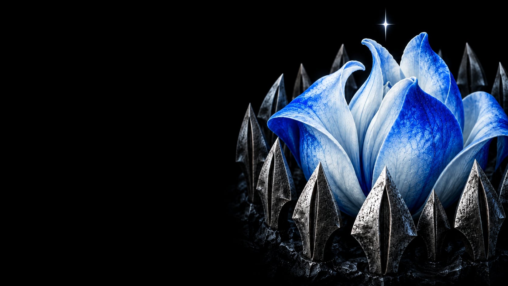 A blue flower resting inside a ring of upright steel blades, a single white star above it.