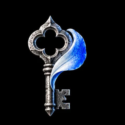 An ornate steel key with a blue petal curling from its bow.