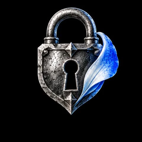 A steel padlock wrapped in a single blue petal.