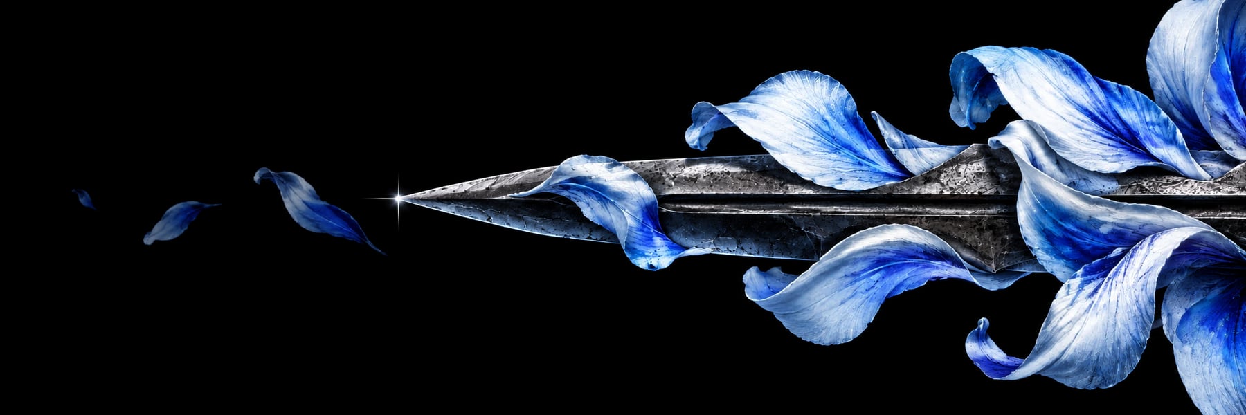 Blue petals drifting slowly off the tip of a long steel blade.