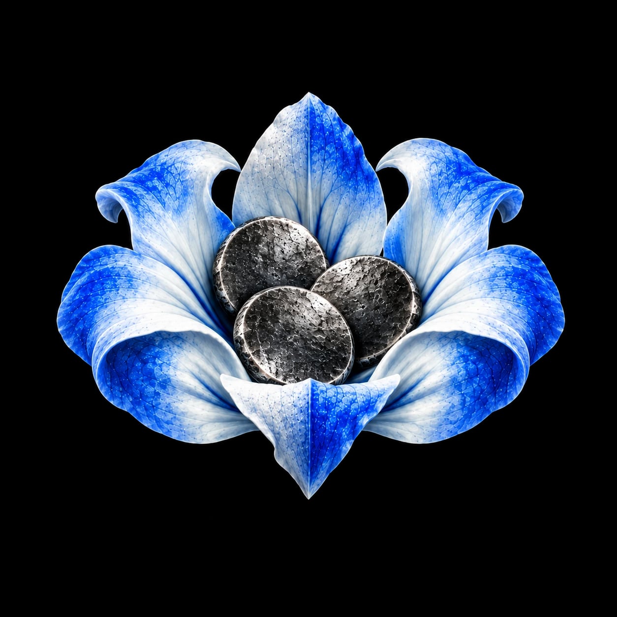 A blue flower holding three hammered steel coins in its open petals.