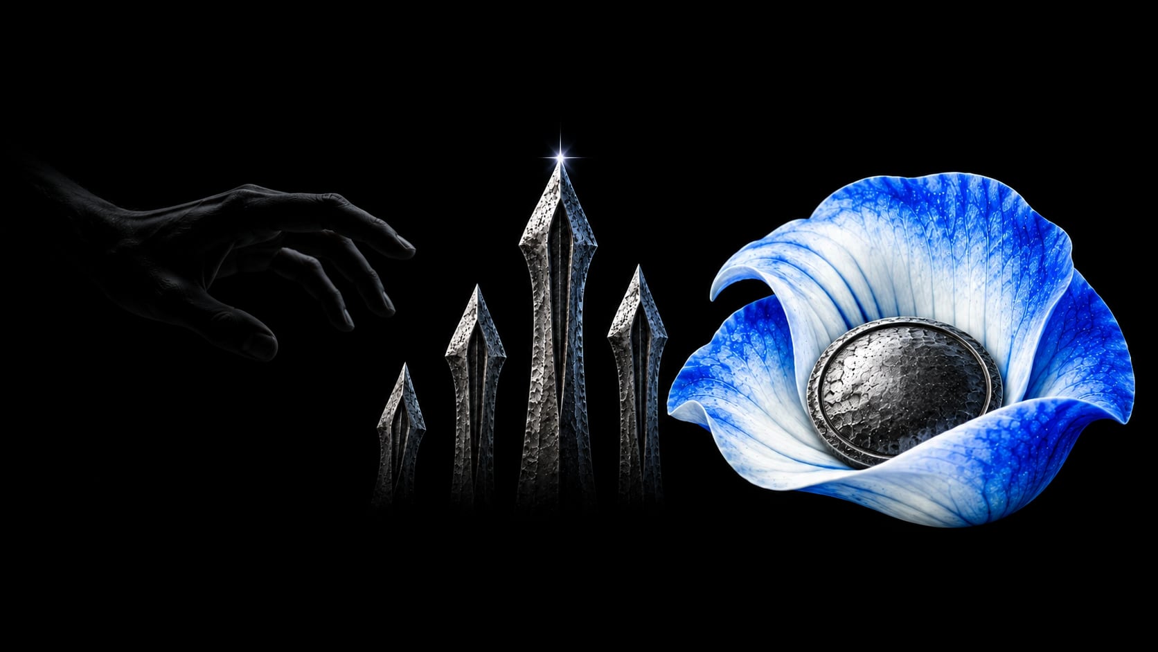 A shadow hand reaching out of the dark toward a blue flower, stopped by a row of upright steel blades.
